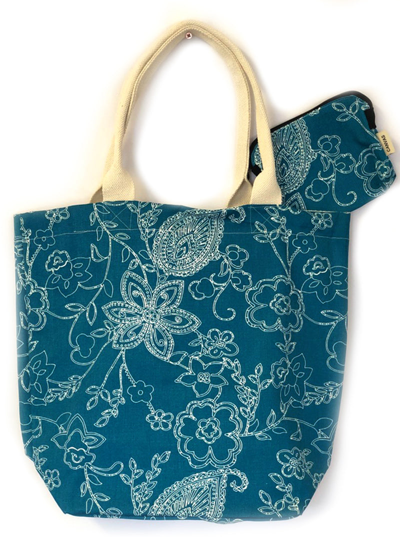 Paisley Teal Canvas Tote Bag with Purse