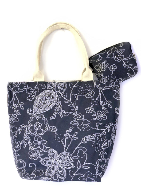 Paisley Navy Canvas Tote Bag with Purse