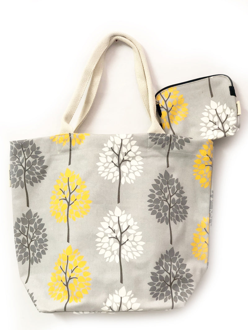 Tree Print Grey Canvas Tote Bag with Purse